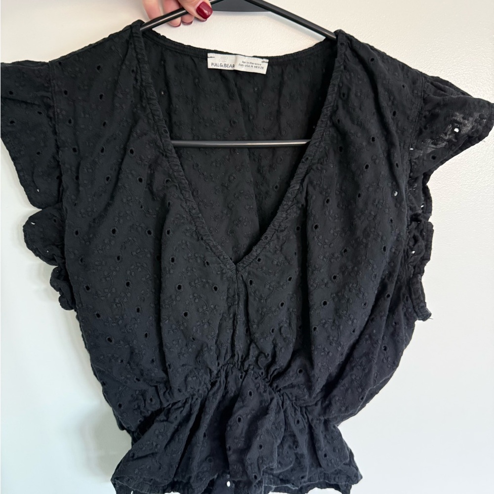 Pull&Bear Black Eyelet V-Neck Blouse